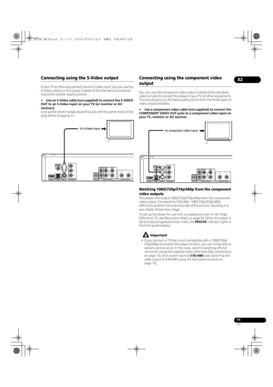 Connecting using the s-video output, Connecting using the component video output | Pioneer DV-LX50 User Manual | Page 11 / 48