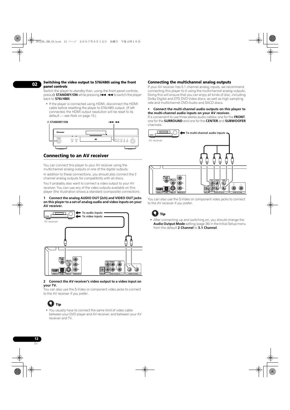 Connecting to an av receiver | Pioneer DV-LX50 User Manual | Page 12 / 48