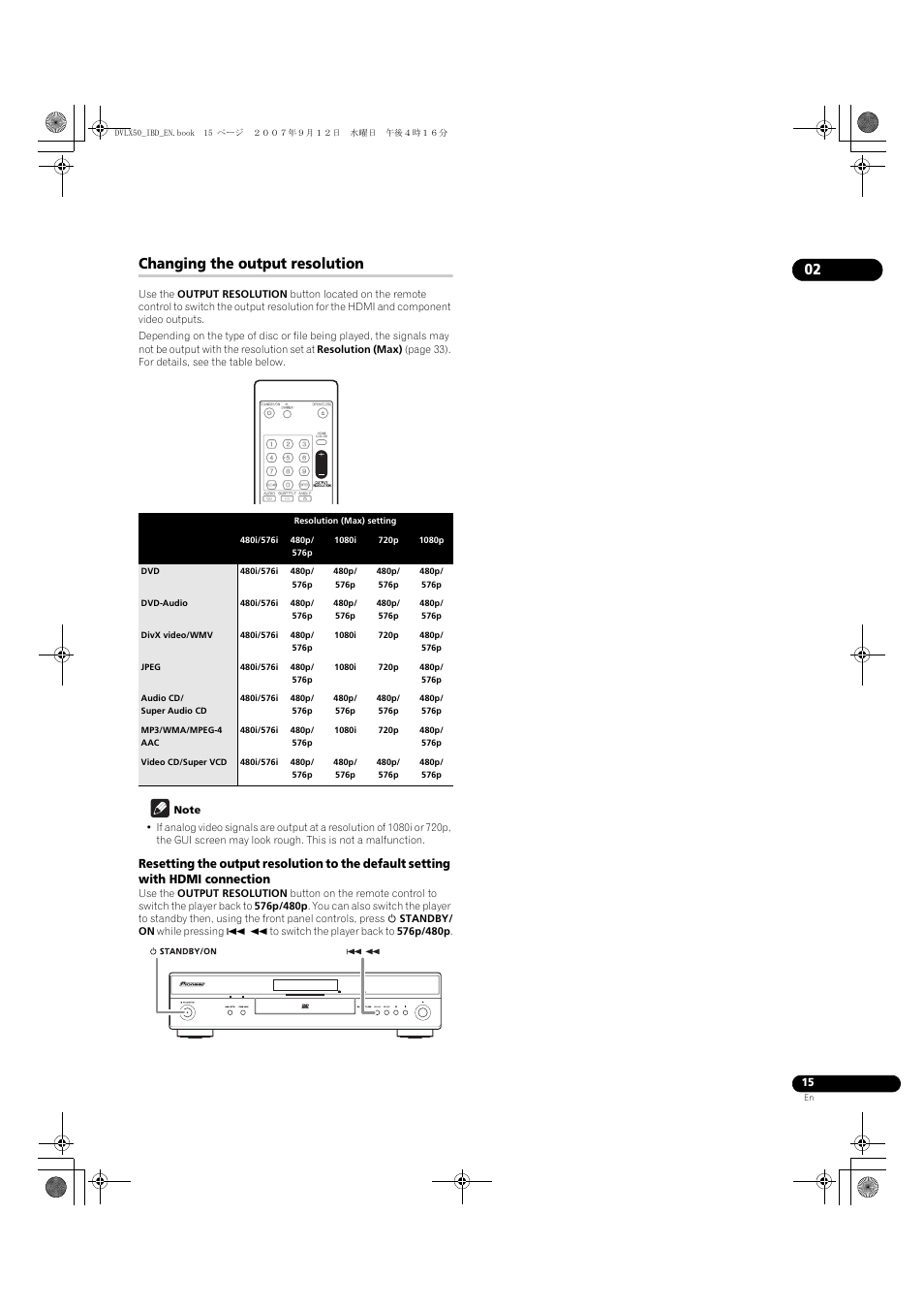 Changing the output resolution | Pioneer DV-LX50 User Manual | Page 15 / 48