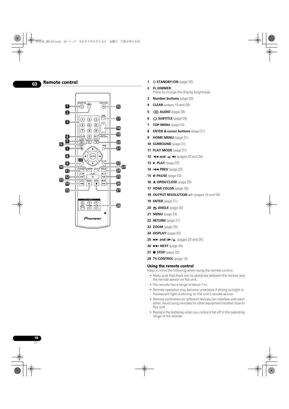 Remote control | Pioneer DV-LX50 User Manual | Page 18 / 48