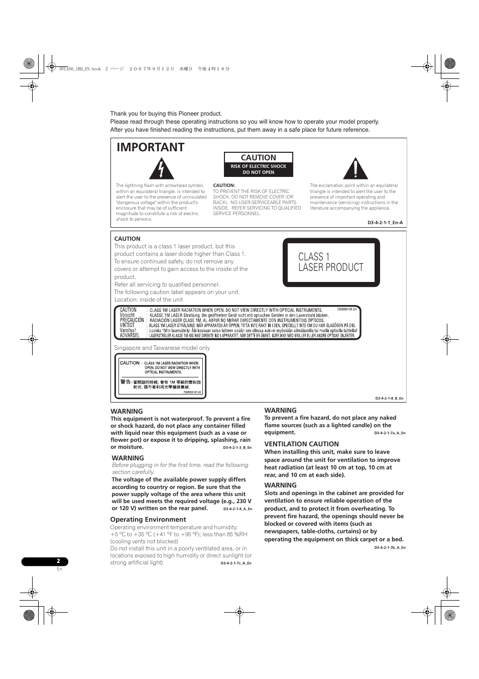 Important, Class 1 laser product, Caution | Pioneer DV-LX50 User Manual | Page 2 / 48