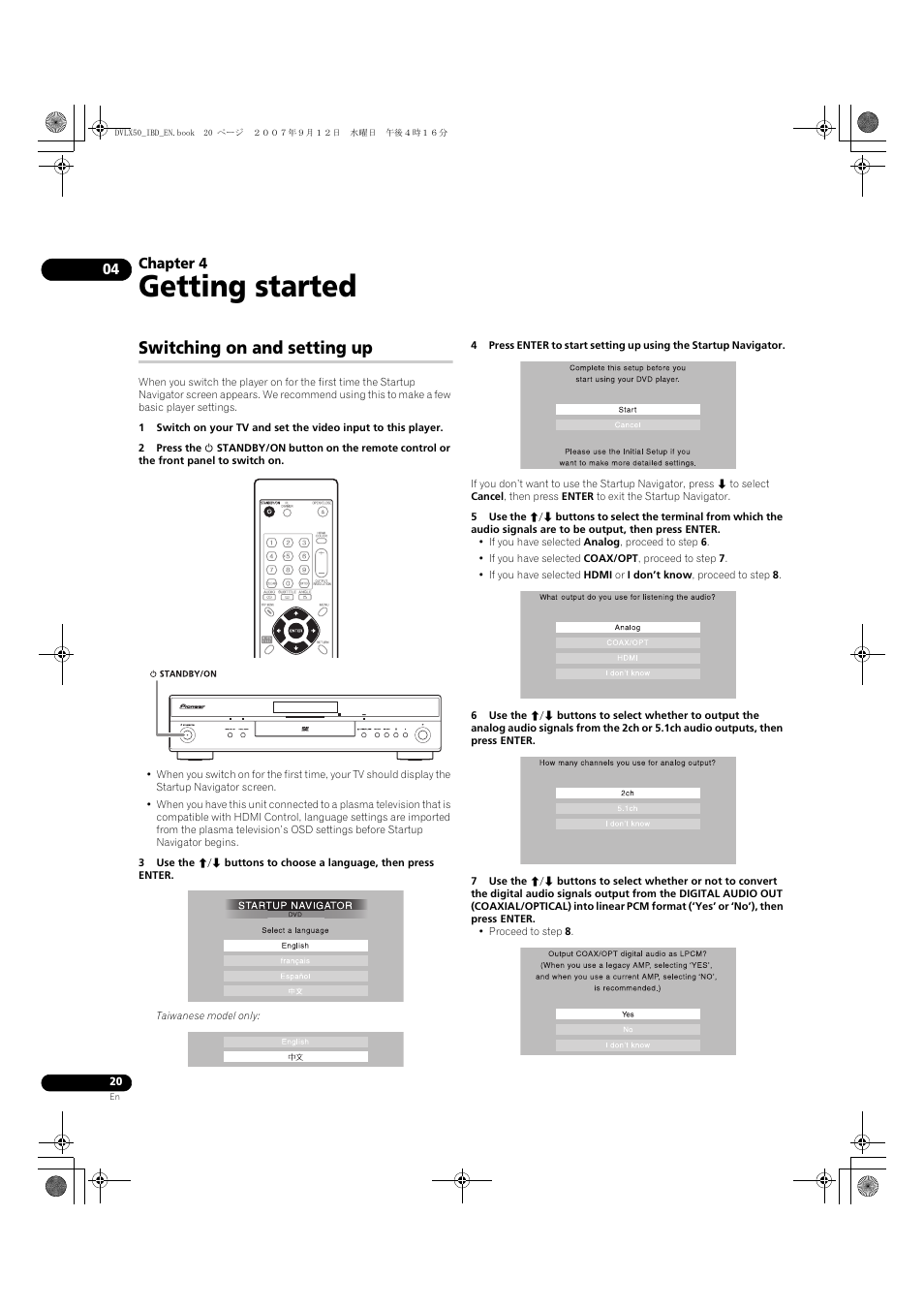 04 getting started, Switching on and setting up, Getting started | Pioneer DV-LX50 User Manual | Page 20 / 48