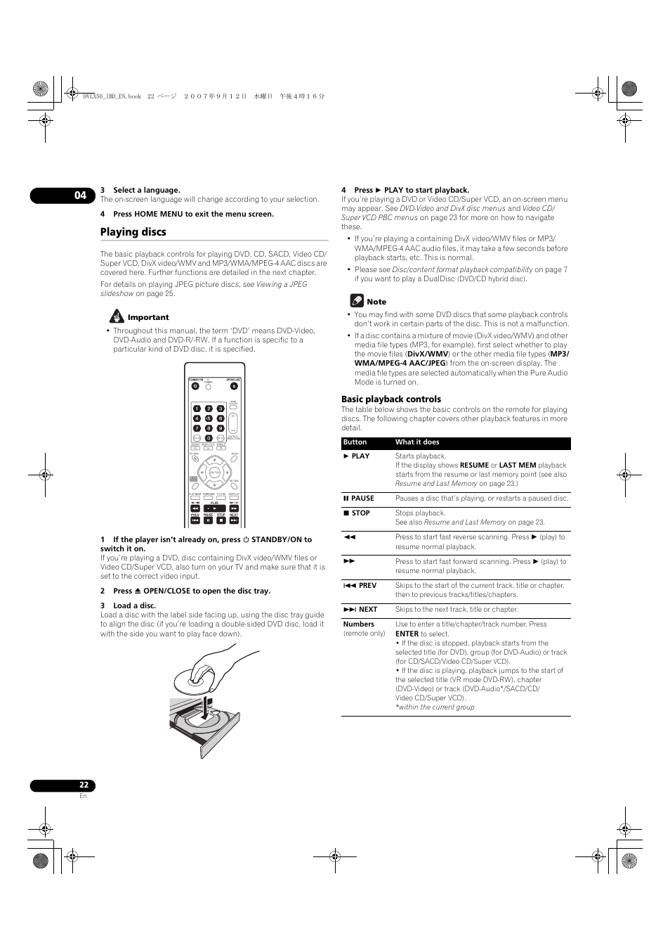 Playing discs | Pioneer DV-LX50 User Manual | Page 22 / 48