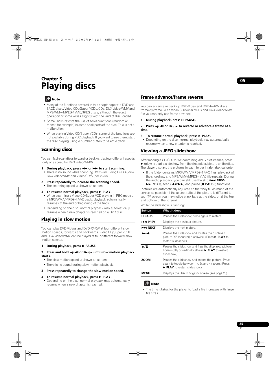 05 playing discs, Scanning discs, Playing in slow motion | Frame advance/frame reverse, Viewing a jpeg slideshow, Playing discs, Chapter 5 | Pioneer DV-LX50 User Manual | Page 25 / 48