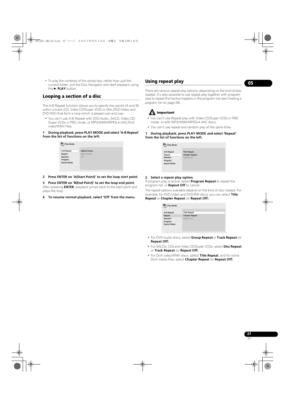 Looping a section of a disc, Using repeat play | Pioneer DV-LX50 User Manual | Page 27 / 48