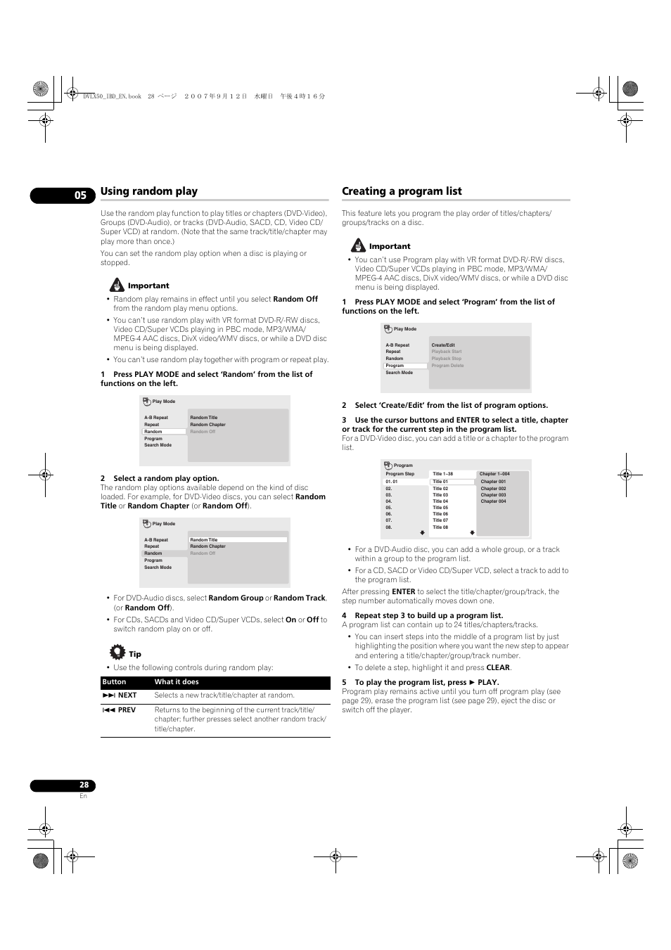 Using random play, Creating a program list | Pioneer DV-LX50 User Manual | Page 28 / 48