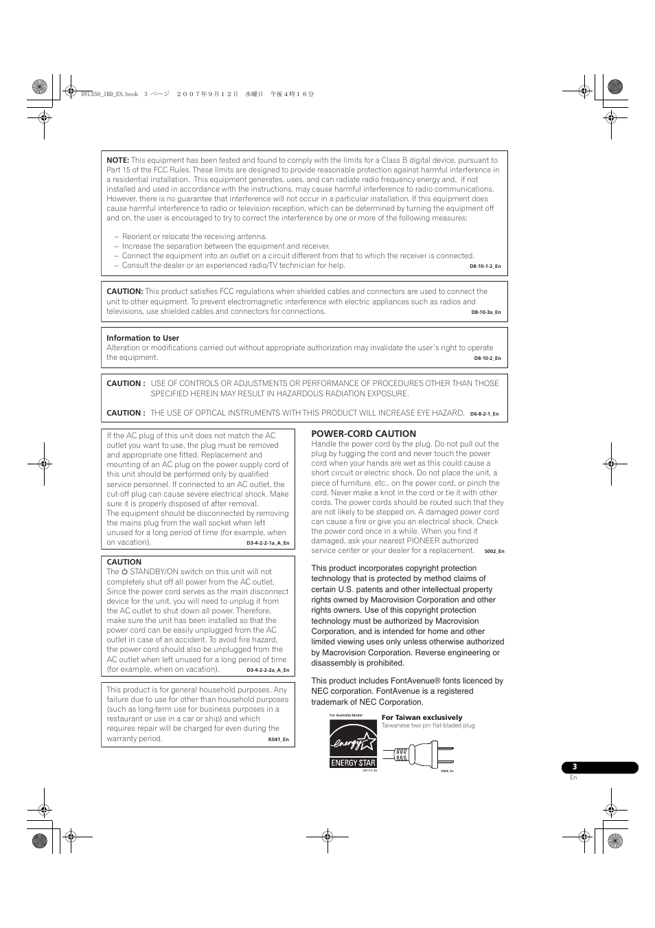 Power-cord caution | Pioneer DV-LX50 User Manual | Page 3 / 48