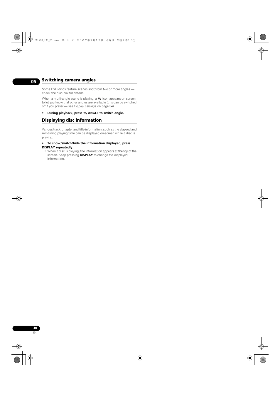 Switching camera angles, Displaying disc information | Pioneer DV-LX50 User Manual | Page 30 / 48