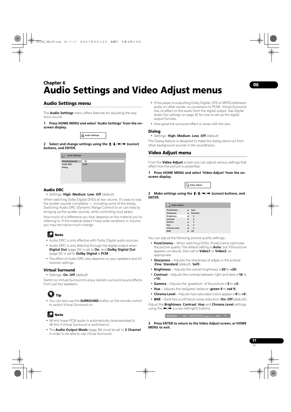 06 audio settings and video adjust menus, Audio settings menu, Video adjust menu | Audio settings and video adjust menus, Chapter 6 | Pioneer DV-LX50 User Manual | Page 31 / 48
