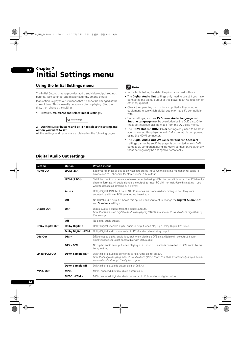 07 initial settings menu, Using the initial settings menu, Digital audio out settings | Initial settings menu, Chapter 7 | Pioneer DV-LX50 User Manual | Page 32 / 48