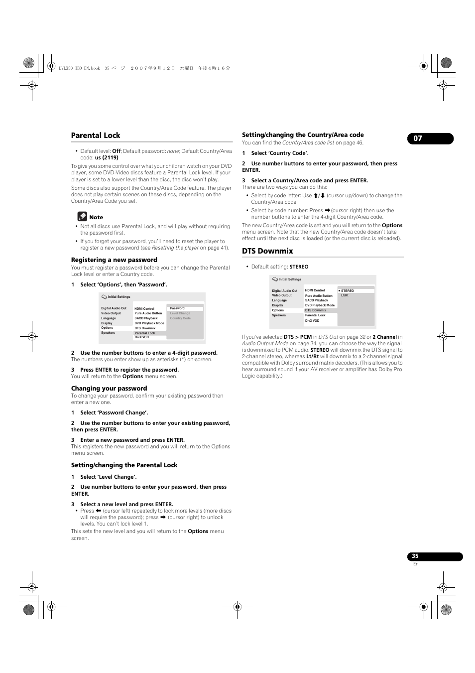 Parental lock, Dts downmix | Pioneer DV-LX50 User Manual | Page 35 / 48