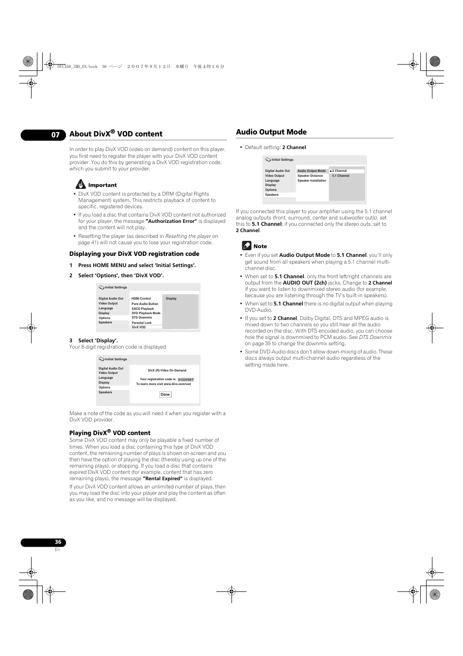 About divx® vod content, Audio output mode, About divx | Vod content, Displaying your divx vod registration code, Playing divx | Pioneer DV-LX50 User Manual | Page 36 / 48