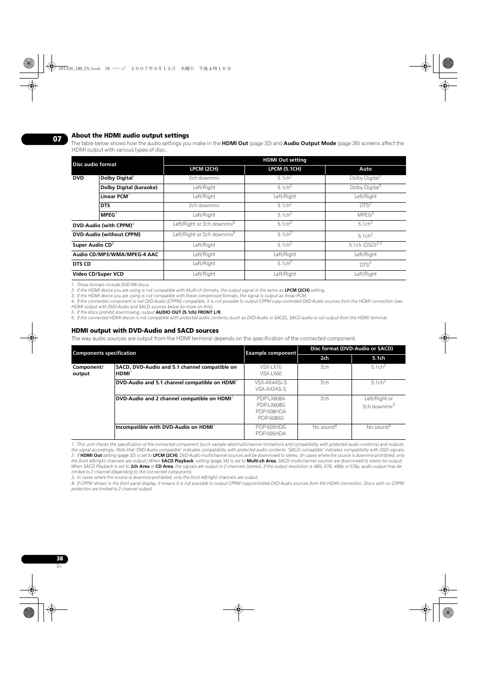 About the hdmi audio output settings, Hdmi output with dvd-audio and sacd sources | Pioneer DV-LX50 User Manual | Page 38 / 48