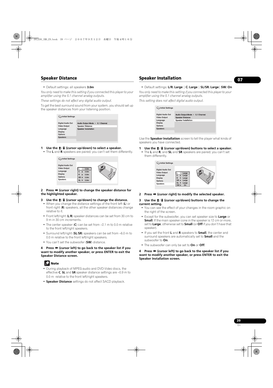 Speaker distance, Speaker installation | Pioneer DV-LX50 User Manual | Page 39 / 48