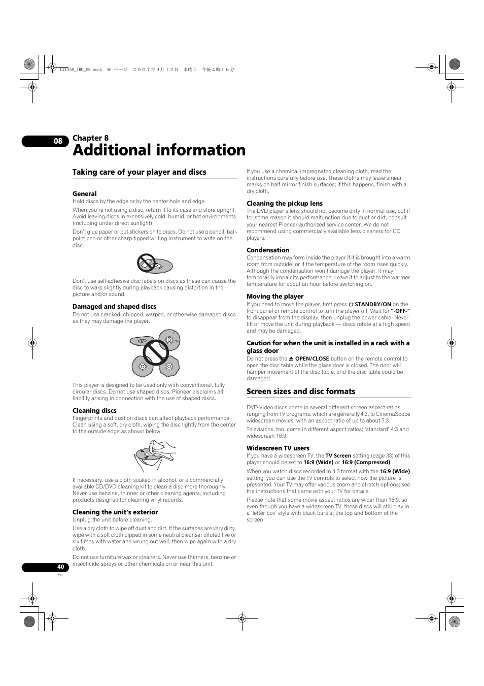 08 additional information, Taking care of your player and discs, Screen sizes and disc formats | Additional information | Pioneer DV-LX50 User Manual | Page 40 / 48