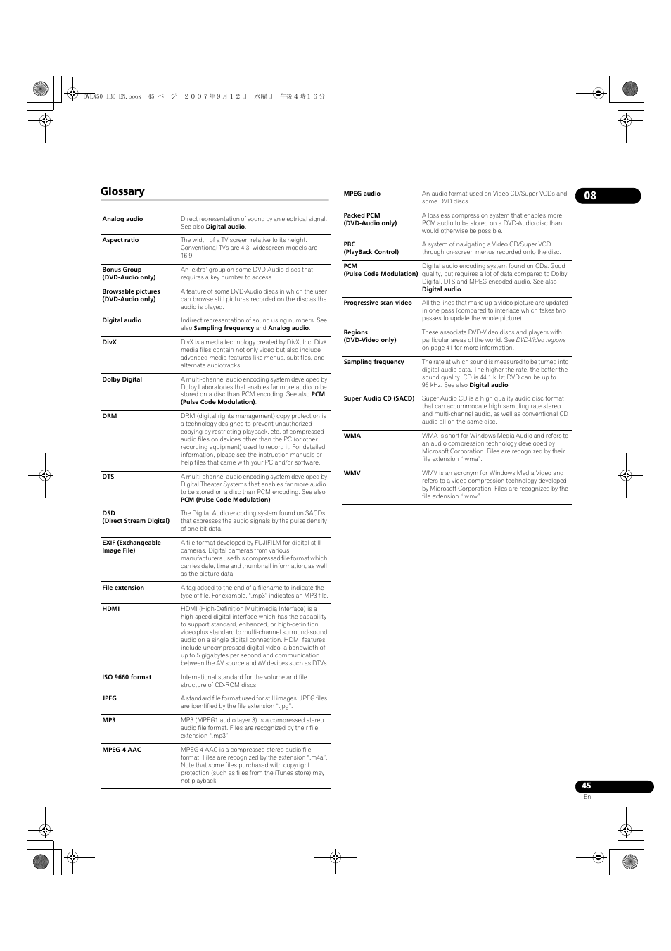 Glossary | Pioneer DV-LX50 User Manual | Page 45 / 48