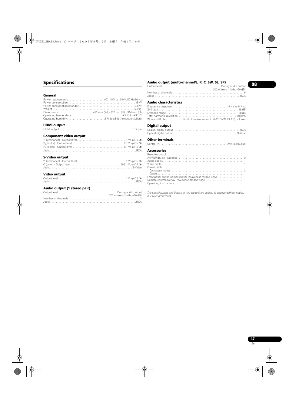 Specifications | Pioneer DV-LX50 User Manual | Page 47 / 48