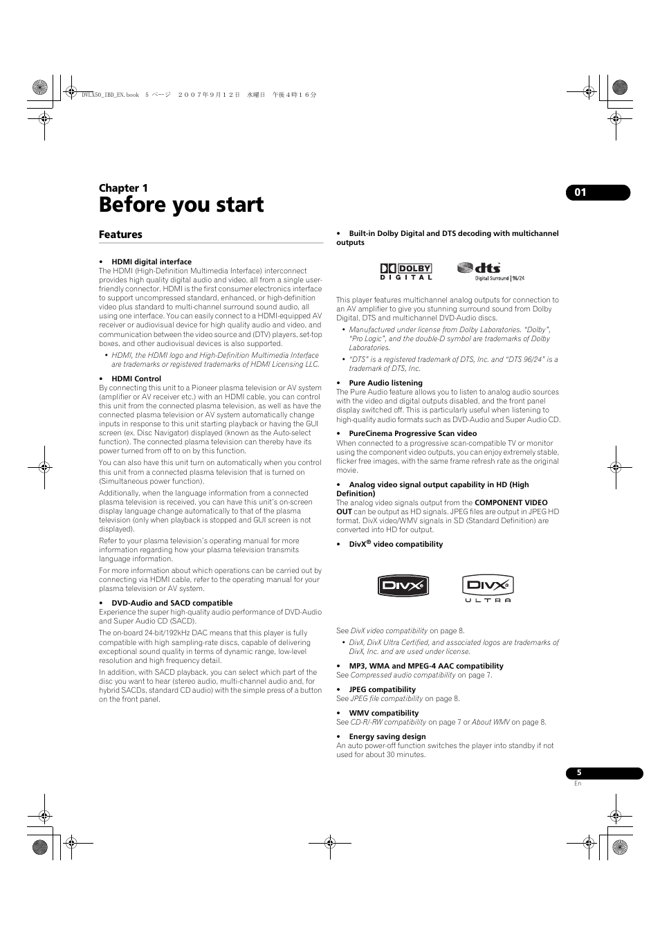 01 before you start, Features, Before you start | Chapter 1 | Pioneer DV-LX50 User Manual | Page 5 / 48
