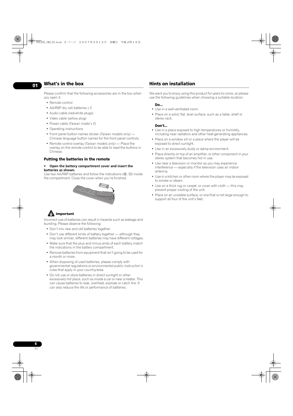 What’s in the box, Hints on installation | Pioneer DV-LX50 User Manual | Page 6 / 48