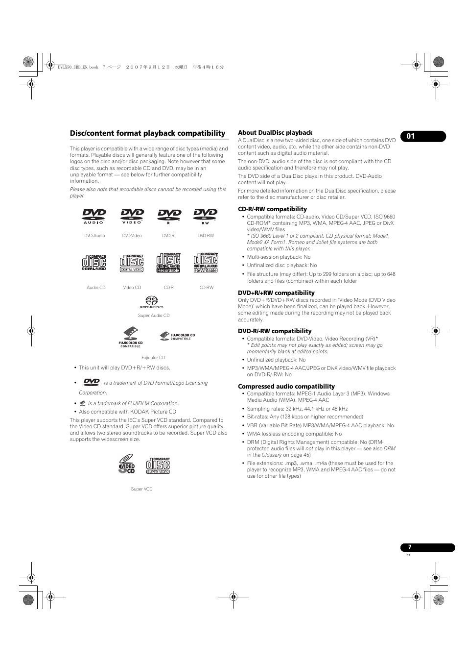 Disc/content format playback compatibility | Pioneer DV-LX50 User Manual | Page 7 / 48