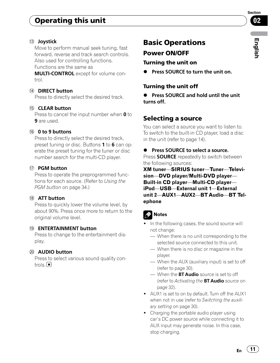 Basic operations, Operating this unit, Power on/off | Selecting a source | Pioneer DEH-P6900UB User Manual | Page 11 / 81