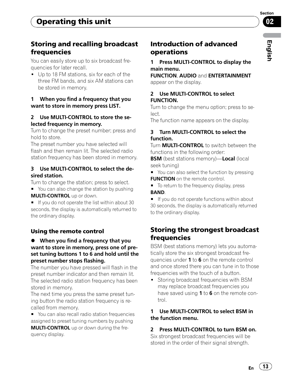 Operating this unit, Storing and recalling broadcast frequencies, Introduction of advanced operations | Storing the strongest broadcast frequencies | Pioneer DEH-P6900UB User Manual | Page 13 / 81