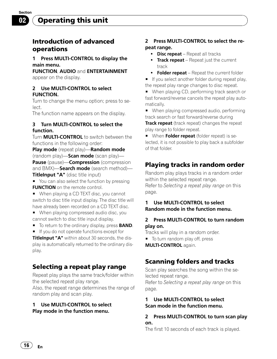 Operating this unit, Introduction of advanced operations, Selecting a repeat play range | Playing tracks in random order, Scanning folders and tracks | Pioneer DEH-P6900UB User Manual | Page 16 / 81