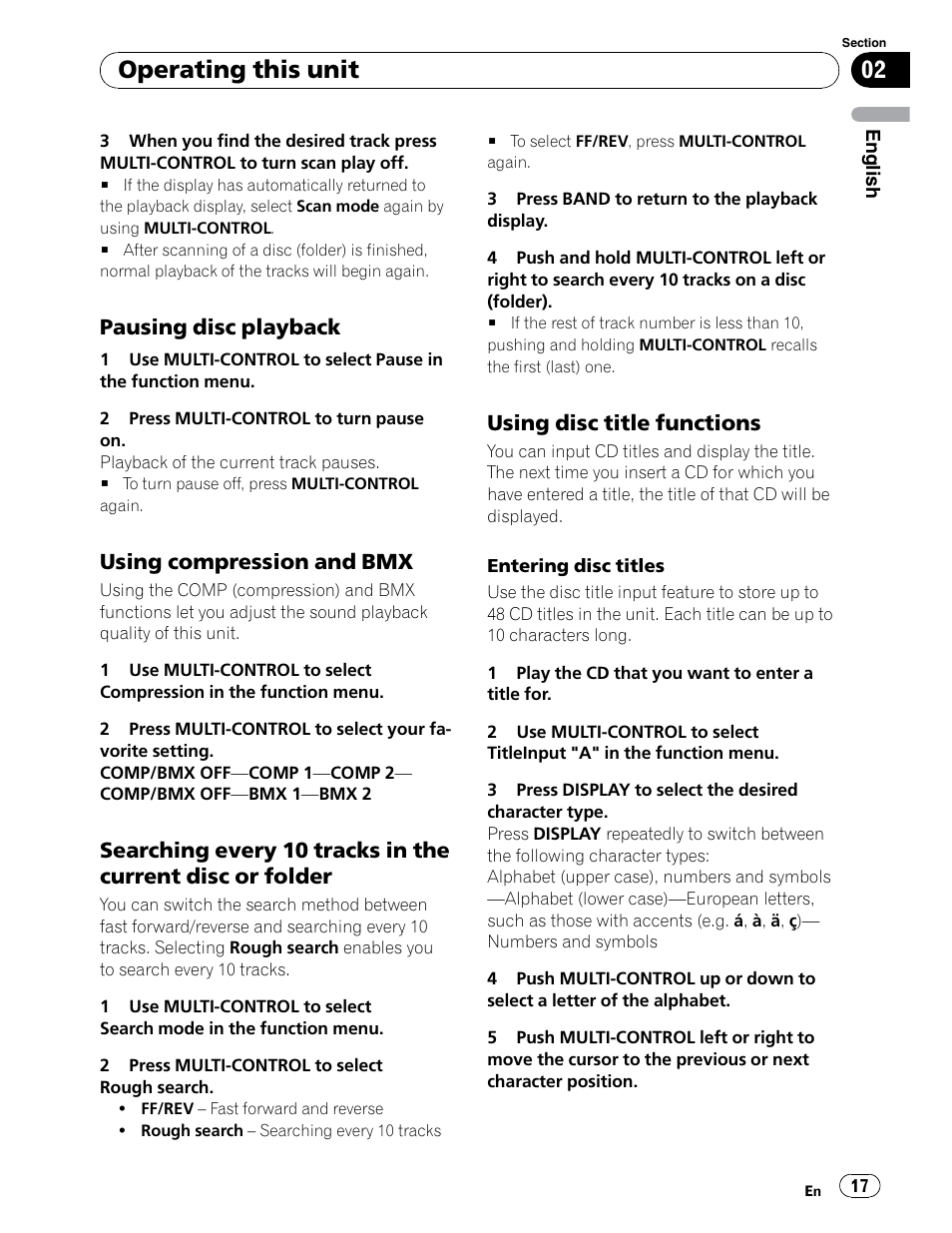 Operating this unit, Pausing disc playback, Using compression and bmx | Using disc title functions | Pioneer DEH-P6900UB User Manual | Page 17 / 81