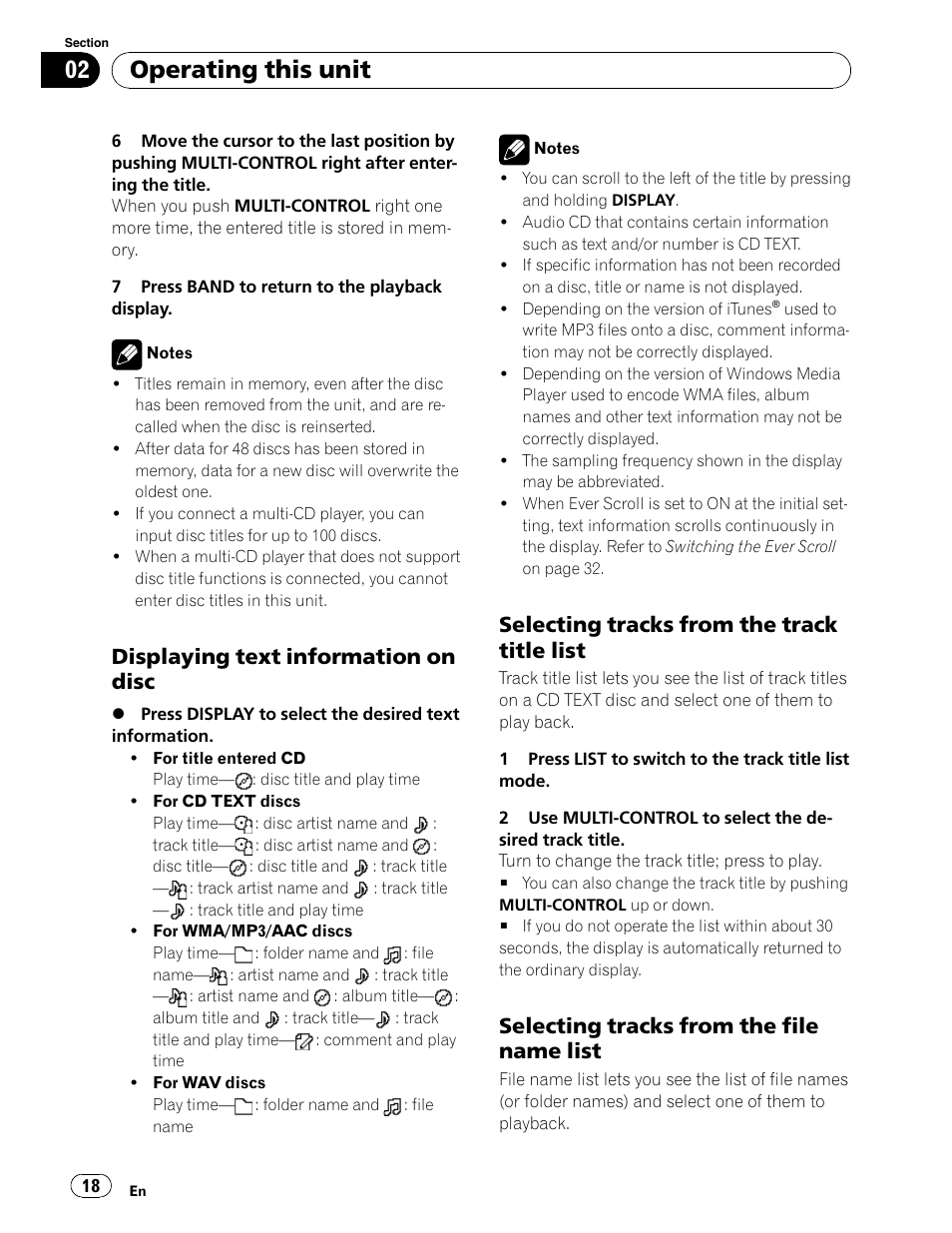 Operating this unit, Displaying text information on disc, Selecting tracks from the track title list | Selecting tracks from the file name list | Pioneer DEH-P6900UB User Manual | Page 18 / 81