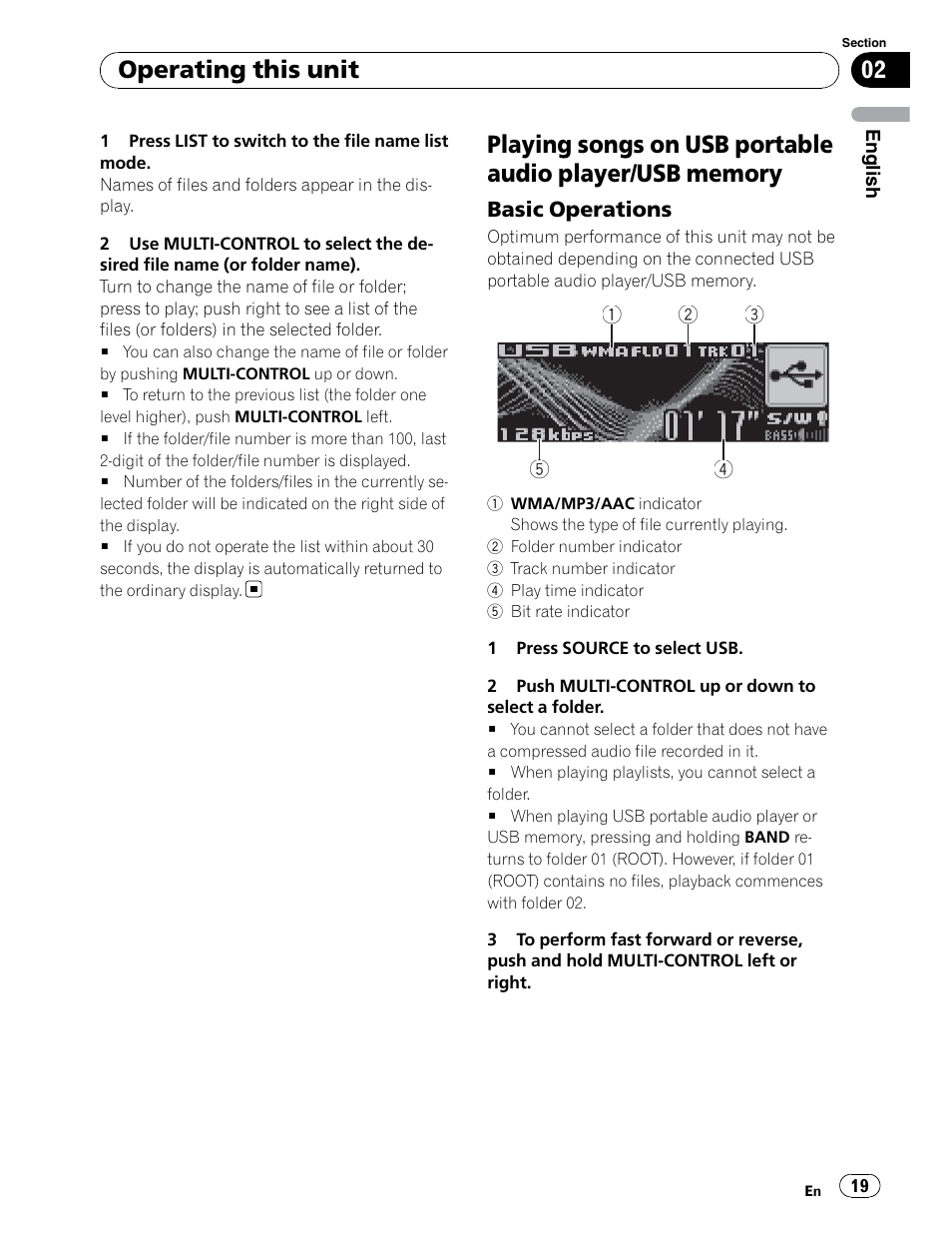 Usb portable audio player / usb memory operation, Operating this unit | Pioneer DEH-P6900UB User Manual | Page 19 / 81