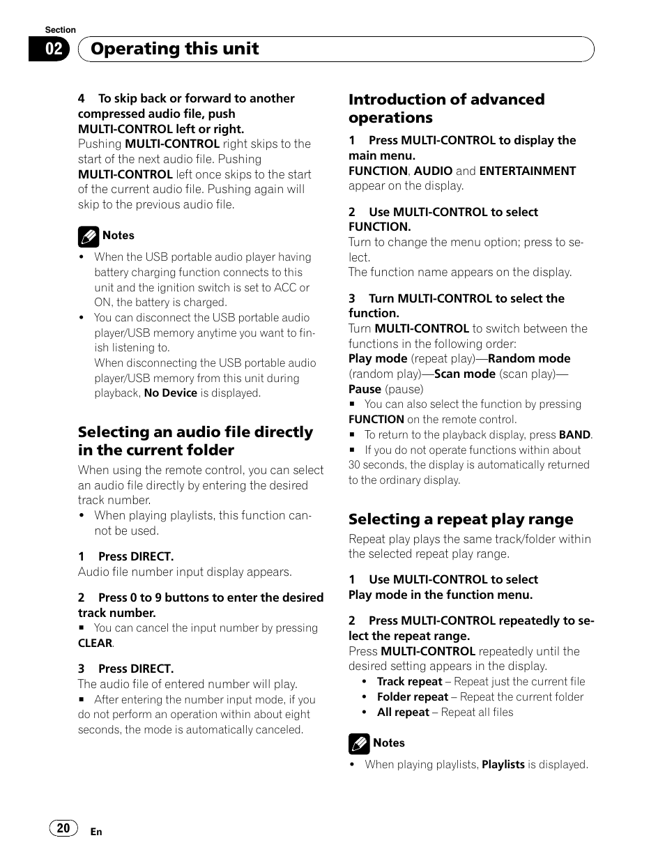 Operating this unit, Introduction of advanced operations, Selecting a repeat play range | Pioneer DEH-P6900UB User Manual | Page 20 / 81