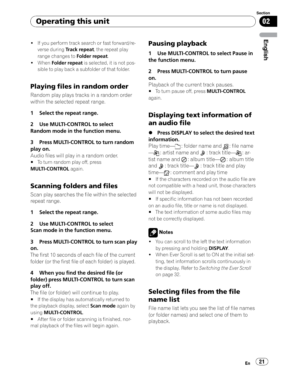 Operating this unit, Playing files in random order, Scanning folders and files | Pausing playback, Displaying text information of an audio file, Selecting files from the file name list | Pioneer DEH-P6900UB User Manual | Page 21 / 81