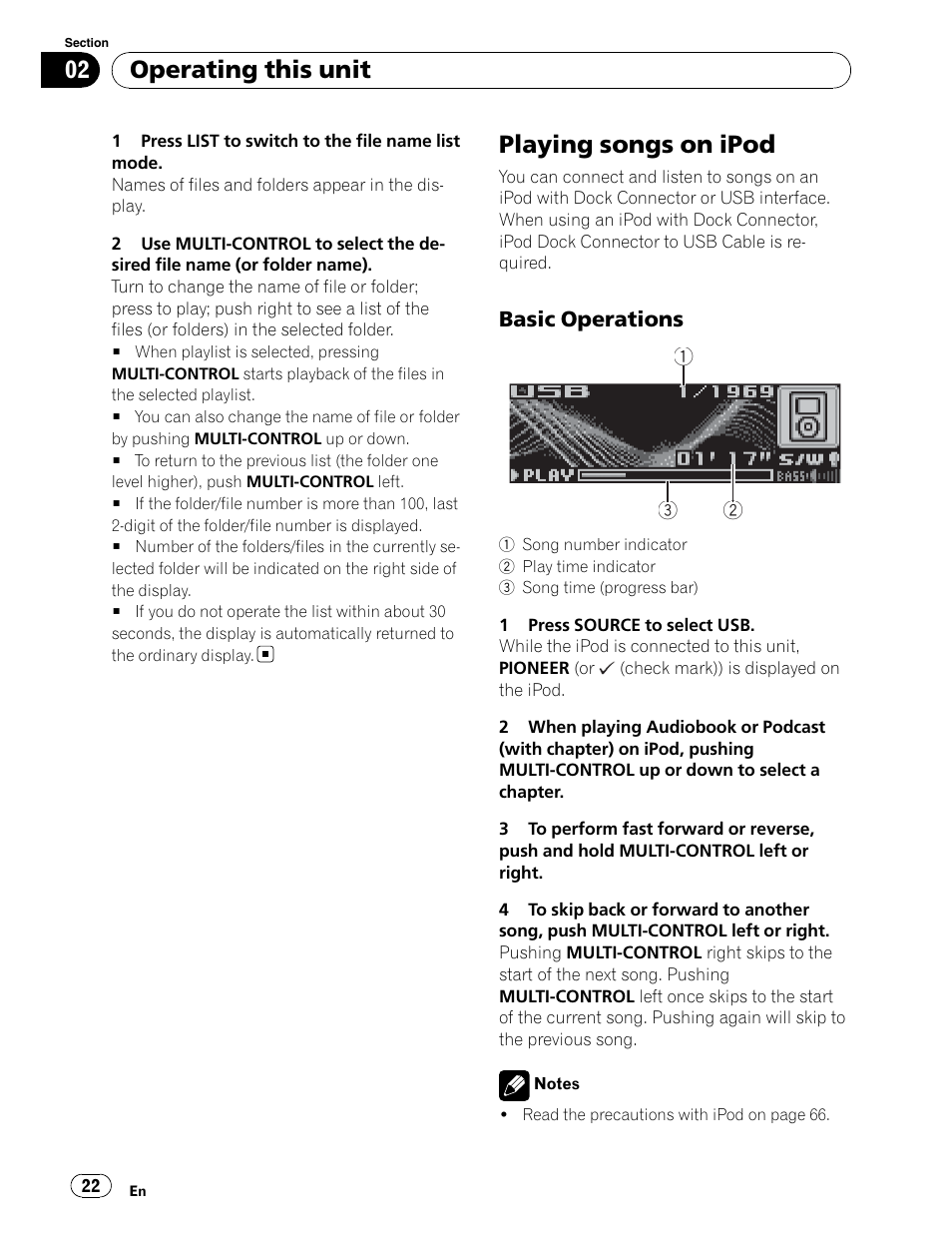 Ipod control, Playing songs on ipod, Operating this unit | Pioneer DEH-P6900UB User Manual | Page 22 / 81