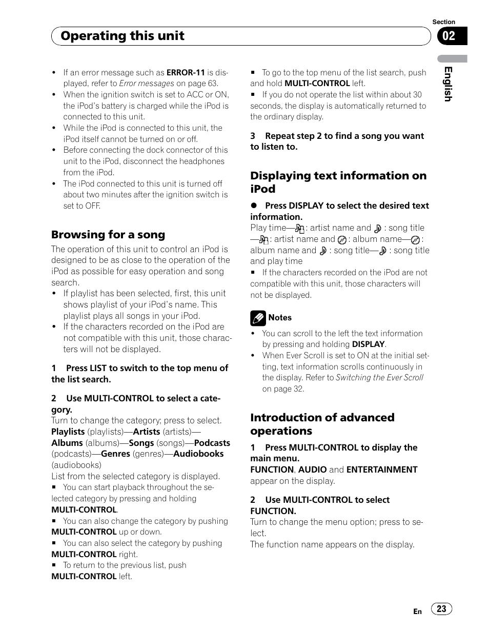 Operating this unit, Browsing for a song, Displaying text information on ipod | Introduction of advanced operations | Pioneer DEH-P6900UB User Manual | Page 23 / 81