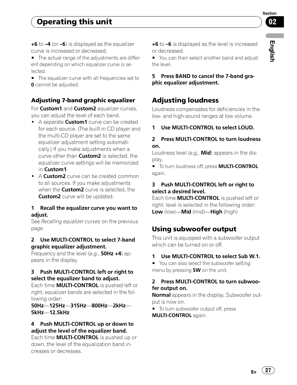 Operating this unit, Adjusting loudness, Using subwoofer output | Pioneer DEH-P6900UB User Manual | Page 27 / 81