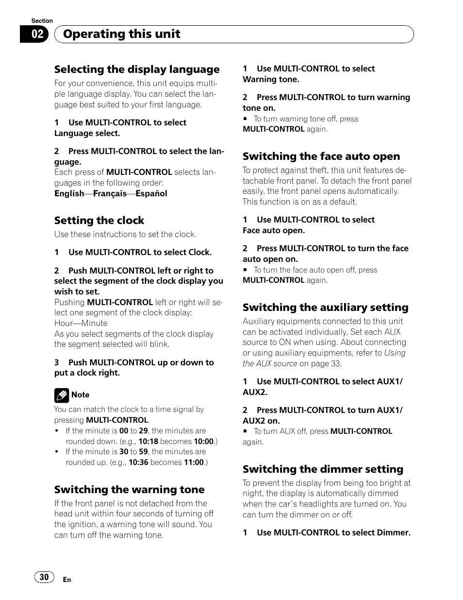 Clock set (menu item), Display language, Clock set | Switching the warning tone, Face auto open, Auxiliary setting, Dimmer setting, Operating this unit, Selecting the display language, Setting the clock | Pioneer DEH-P6900UB User Manual | Page 30 / 81