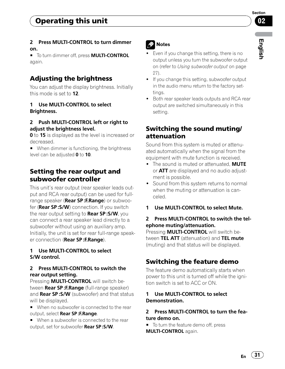 Brightness, Setting the rear output and subwoofer controller, Sound muting / attenuation | Feature demo, Operating this unit, Adjusting the brightness, Switching the sound muting/ attenuation, Switching the feature demo | Pioneer DEH-P6900UB User Manual | Page 31 / 81