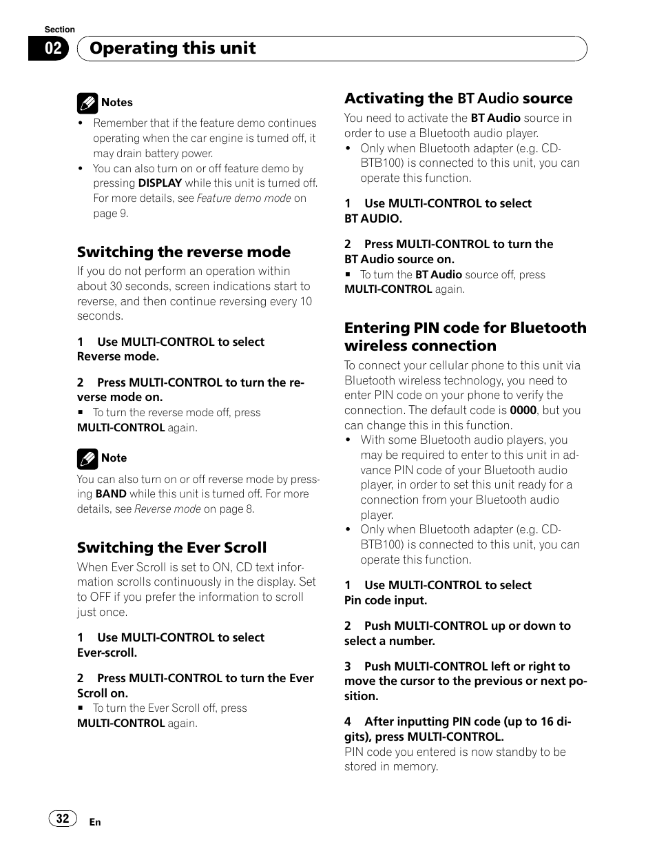 Switching the reverse mode, Ever scroll, Activating the bt audio source | Operating this unit, Switching the ever scroll | Pioneer DEH-P6900UB User Manual | Page 32 / 81
