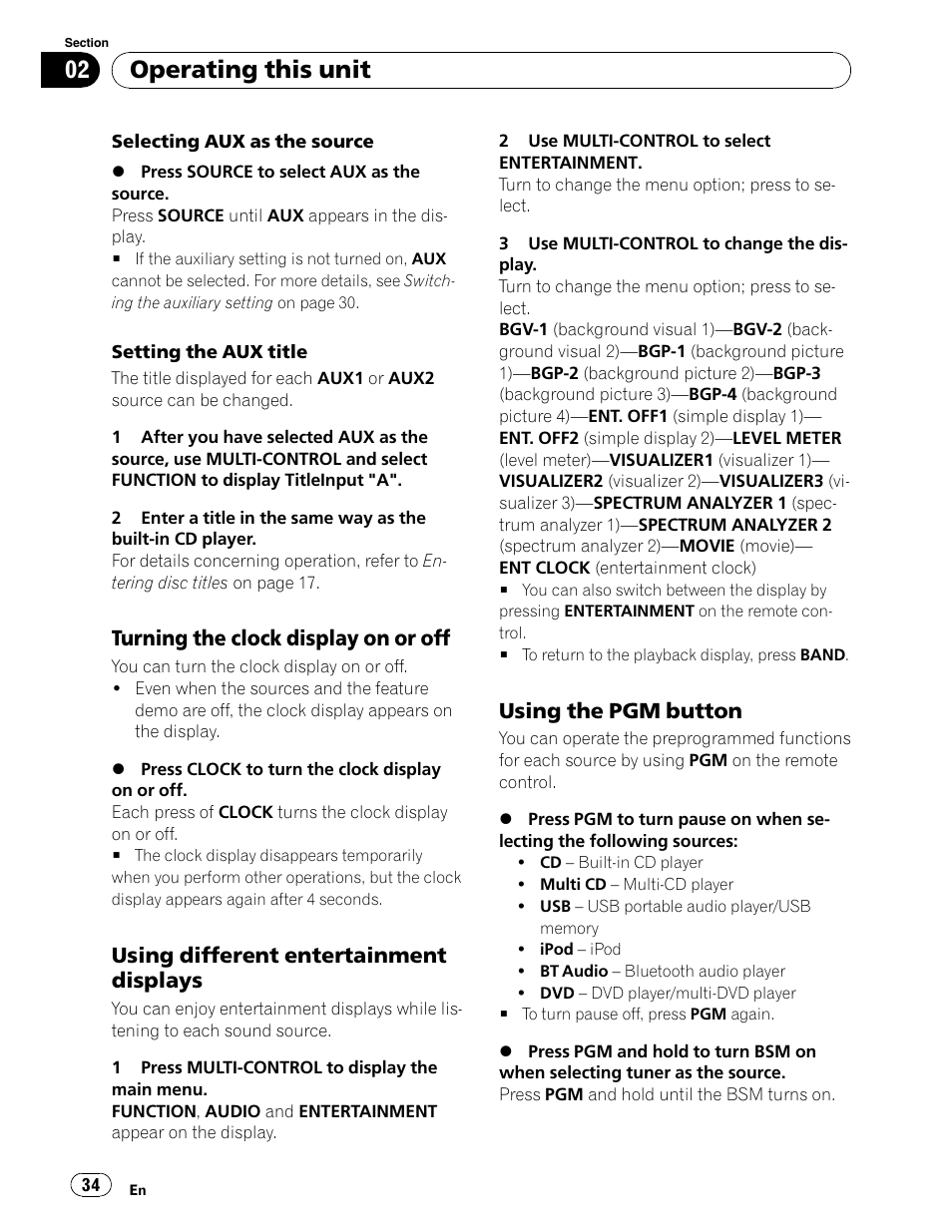 Setting aux title, Clock display on / off, Entertainment displays | Using the pgm button, Operating this unit, Turning the clock display on or off, Using different entertainment displays | Pioneer DEH-P6900UB User Manual | Page 34 / 81