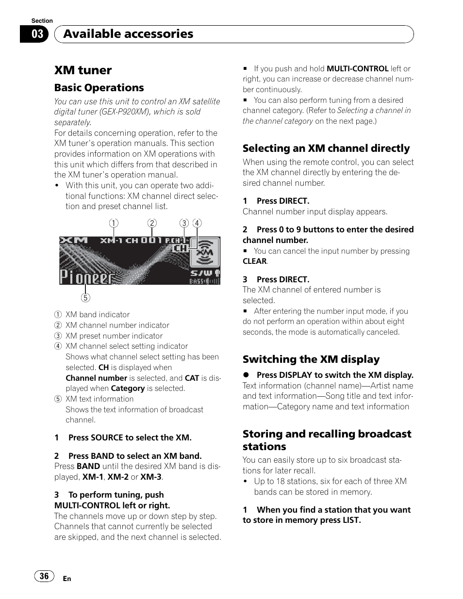 Using optional equipment, Xm tuner control, Xm tuner | Available accessories | Pioneer DEH-P6900UB User Manual | Page 36 / 81