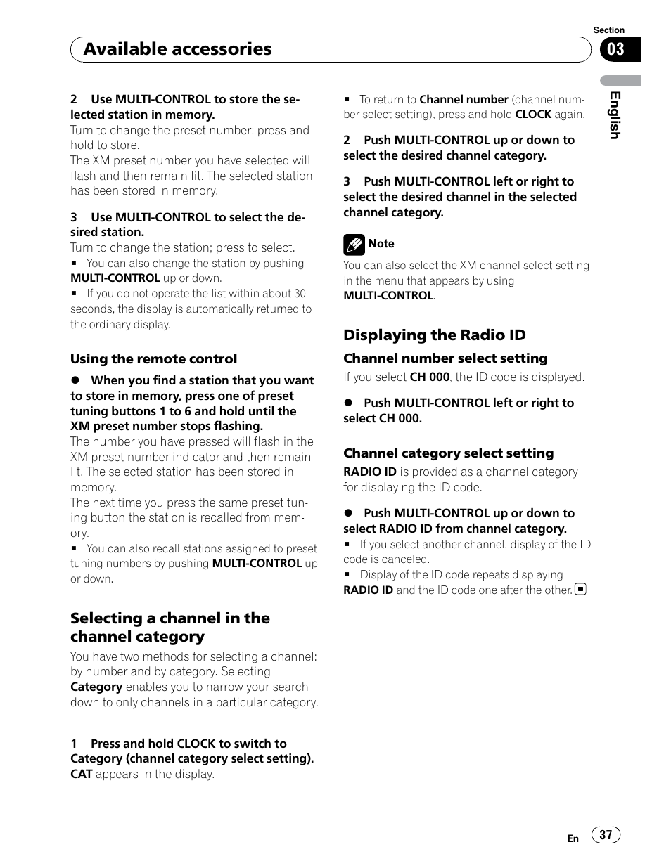 Available accessories, Selecting a channel in the channel category, Displaying the radio id | Pioneer DEH-P6900UB User Manual | Page 37 / 81