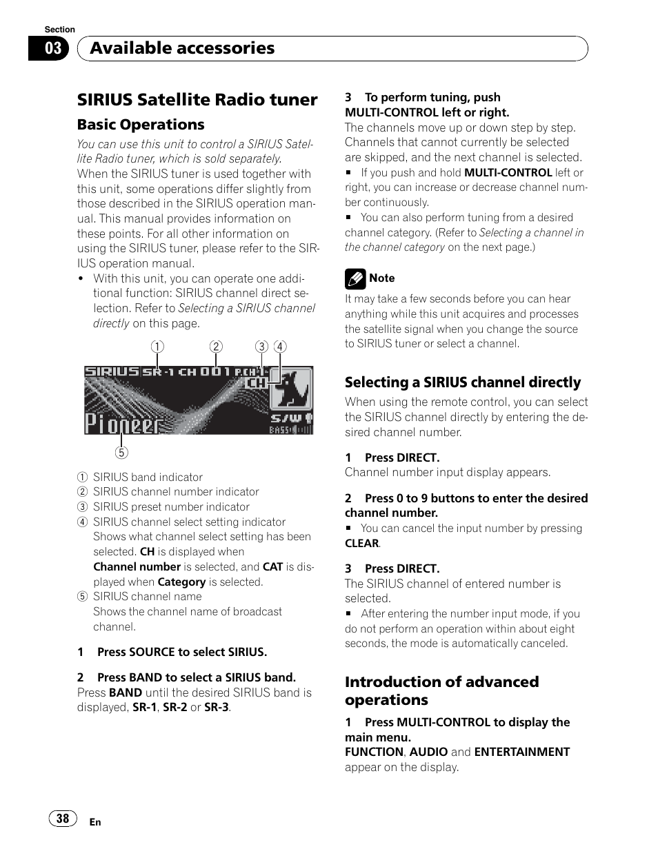 Sirius tuner control, Sirius satellite radio tuner, Available accessories | Pioneer DEH-P6900UB User Manual | Page 38 / 81