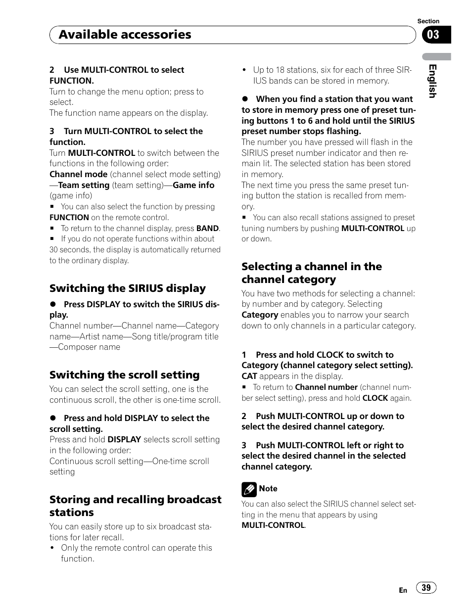 Available accessories, Switching the sirius display, Switching the scroll setting | Storing and recalling broadcast stations, Selecting a channel in the channel category | Pioneer DEH-P6900UB User Manual | Page 39 / 81