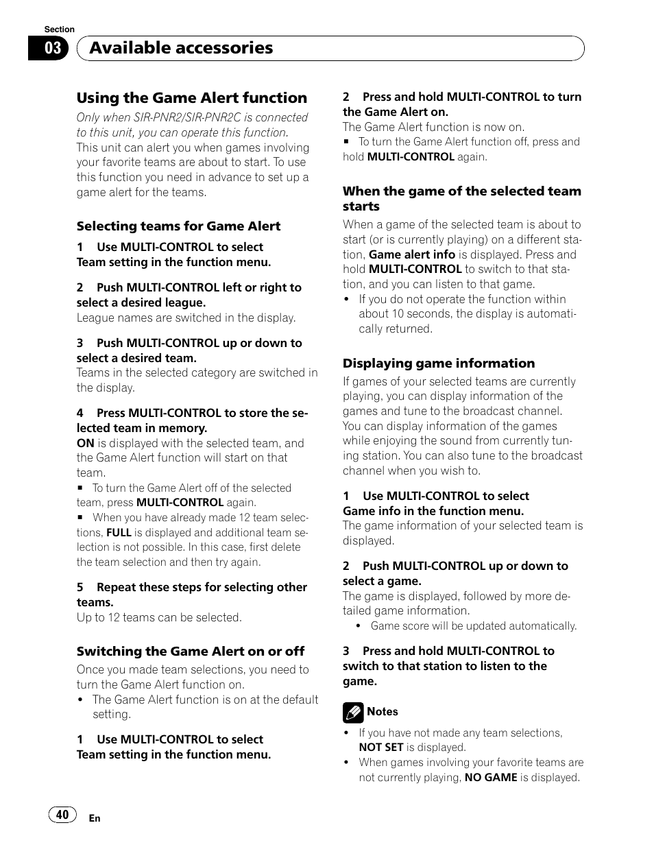 Available accessories, Using the game alert function | Pioneer DEH-P6900UB User Manual | Page 40 / 81