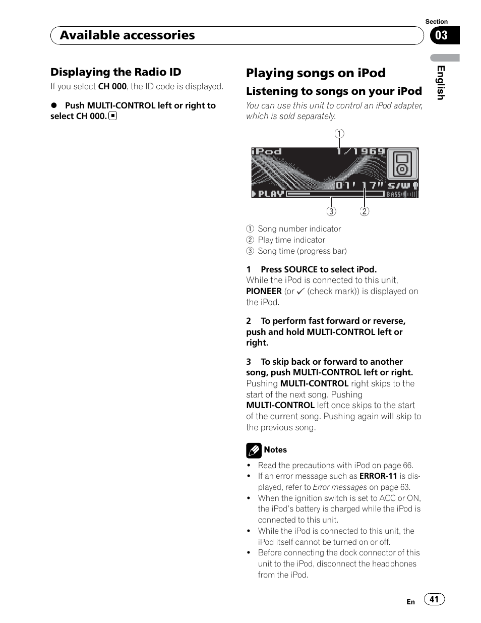 Ipod control, Playing songs on ipod, Available accessories | Pioneer DEH-P6900UB User Manual | Page 41 / 81