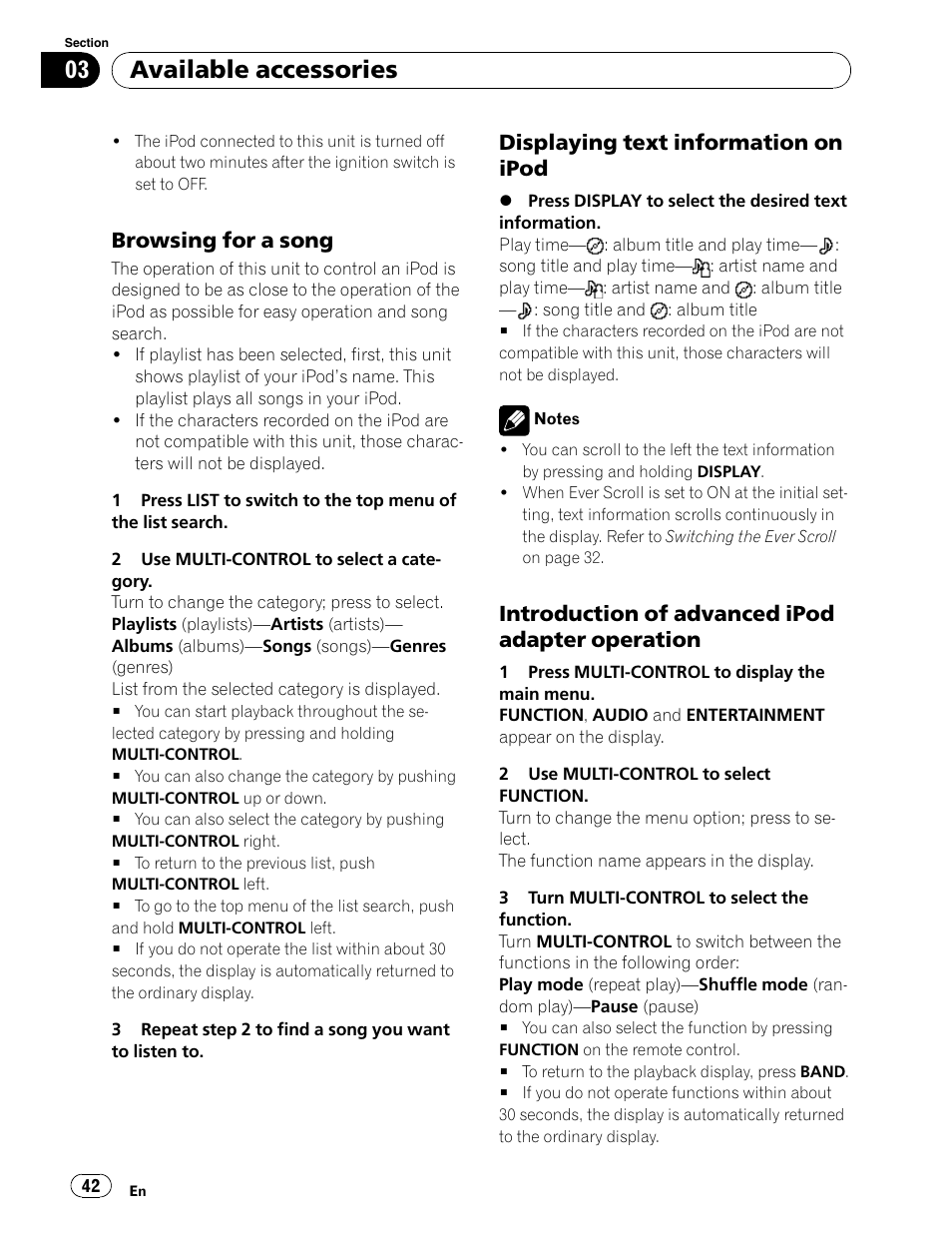 Available accessories, Browsing for a song, Displaying text information on ipod | Introduction of advanced ipod adapter operation | Pioneer DEH-P6900UB User Manual | Page 42 / 81