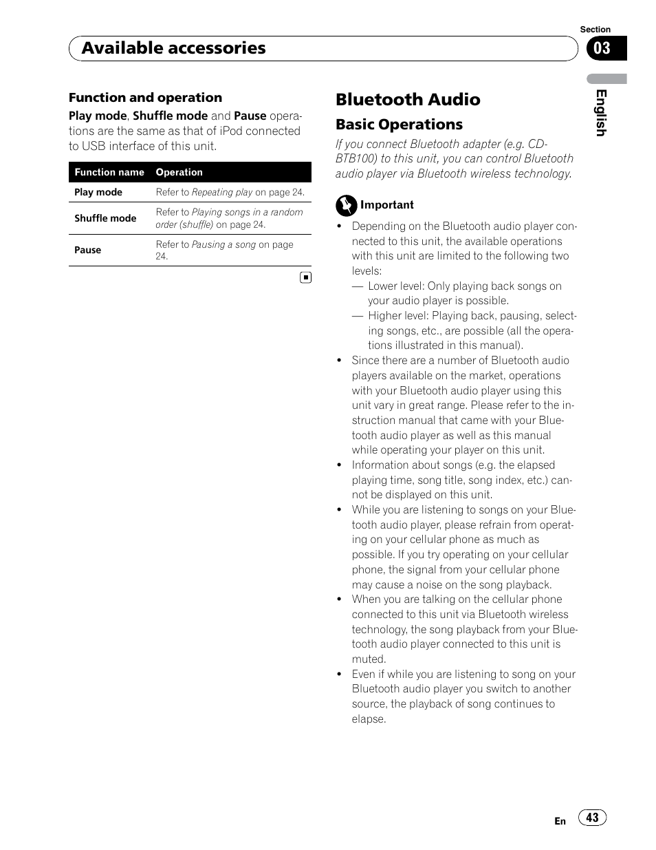 Bluetooth audio, Available accessories, Basic operations | Pioneer DEH-P6900UB User Manual | Page 43 / 81