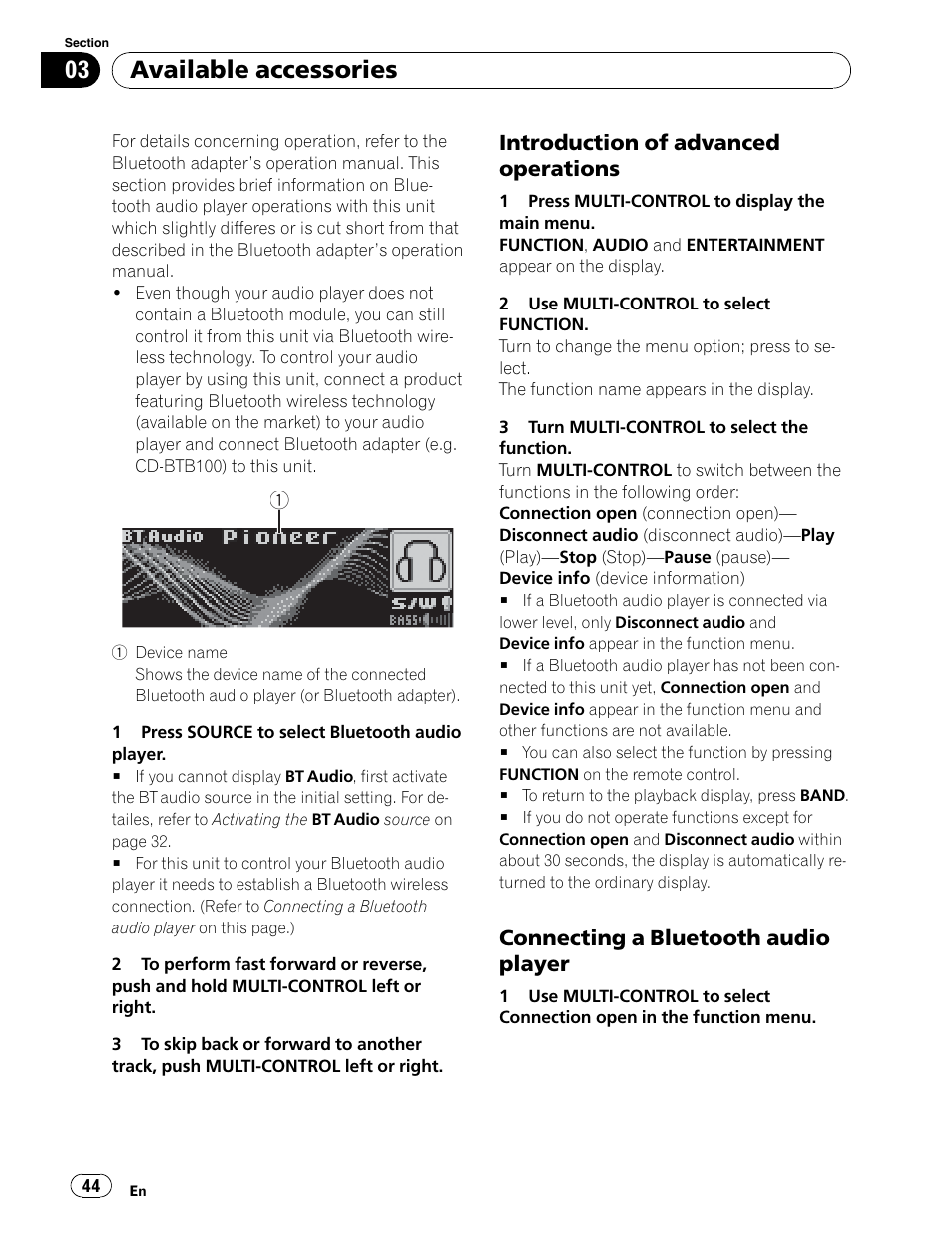 Available accessories, Introduction of advanced operations, Connecting a bluetooth audio player | Pioneer DEH-P6900UB User Manual | Page 44 / 81