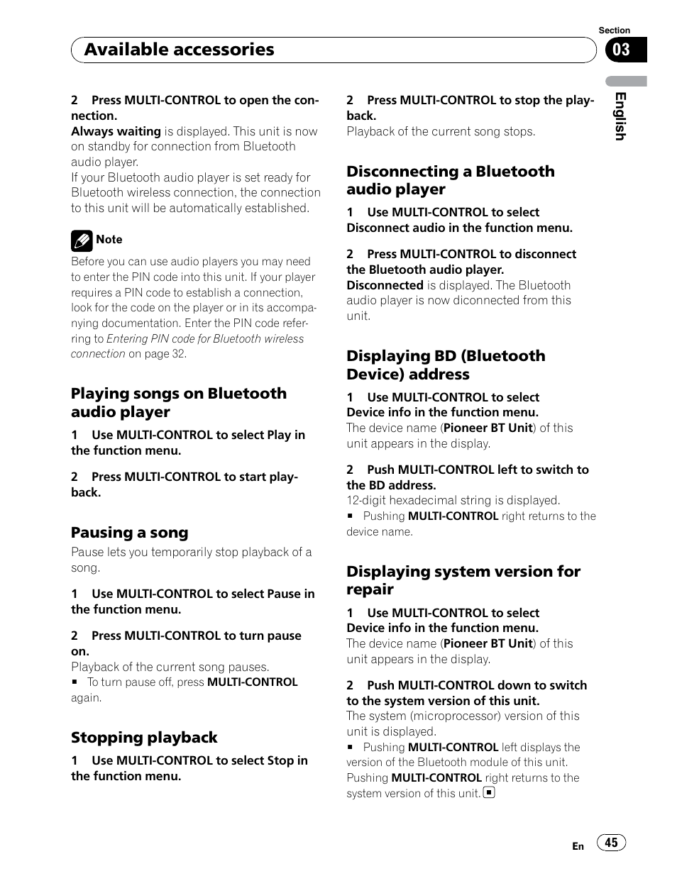 Available accessories, Playing songs on bluetooth audio player, Pausing a song | Stopping playback, Disconnecting a bluetooth audio player, Displaying bd (bluetooth device) address, Displaying system version for repair | Pioneer DEH-P6900UB User Manual | Page 45 / 81