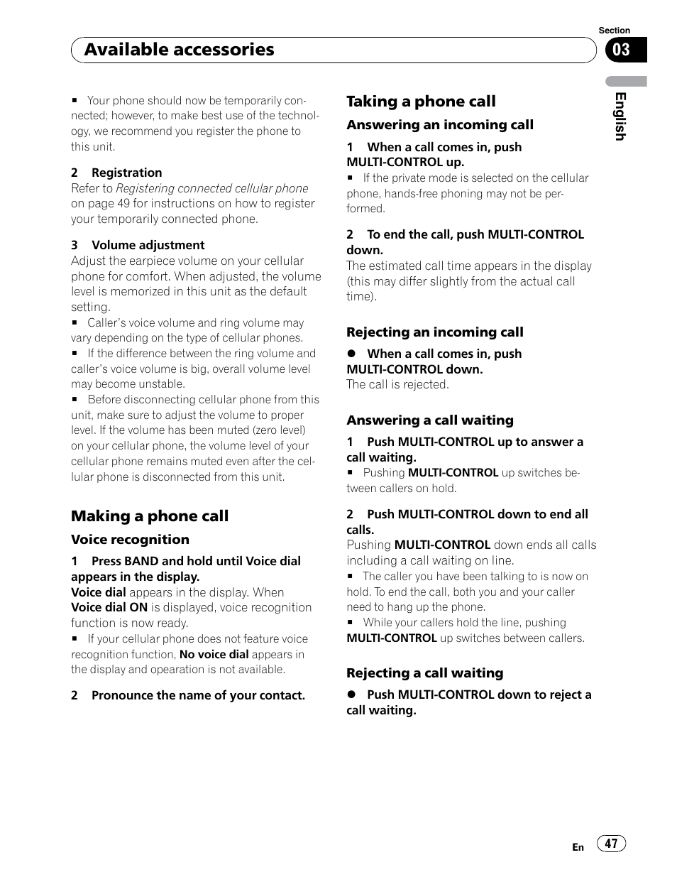 Available accessories, Making a phone call, Taking a phone call | Pioneer DEH-P6900UB User Manual | Page 47 / 81